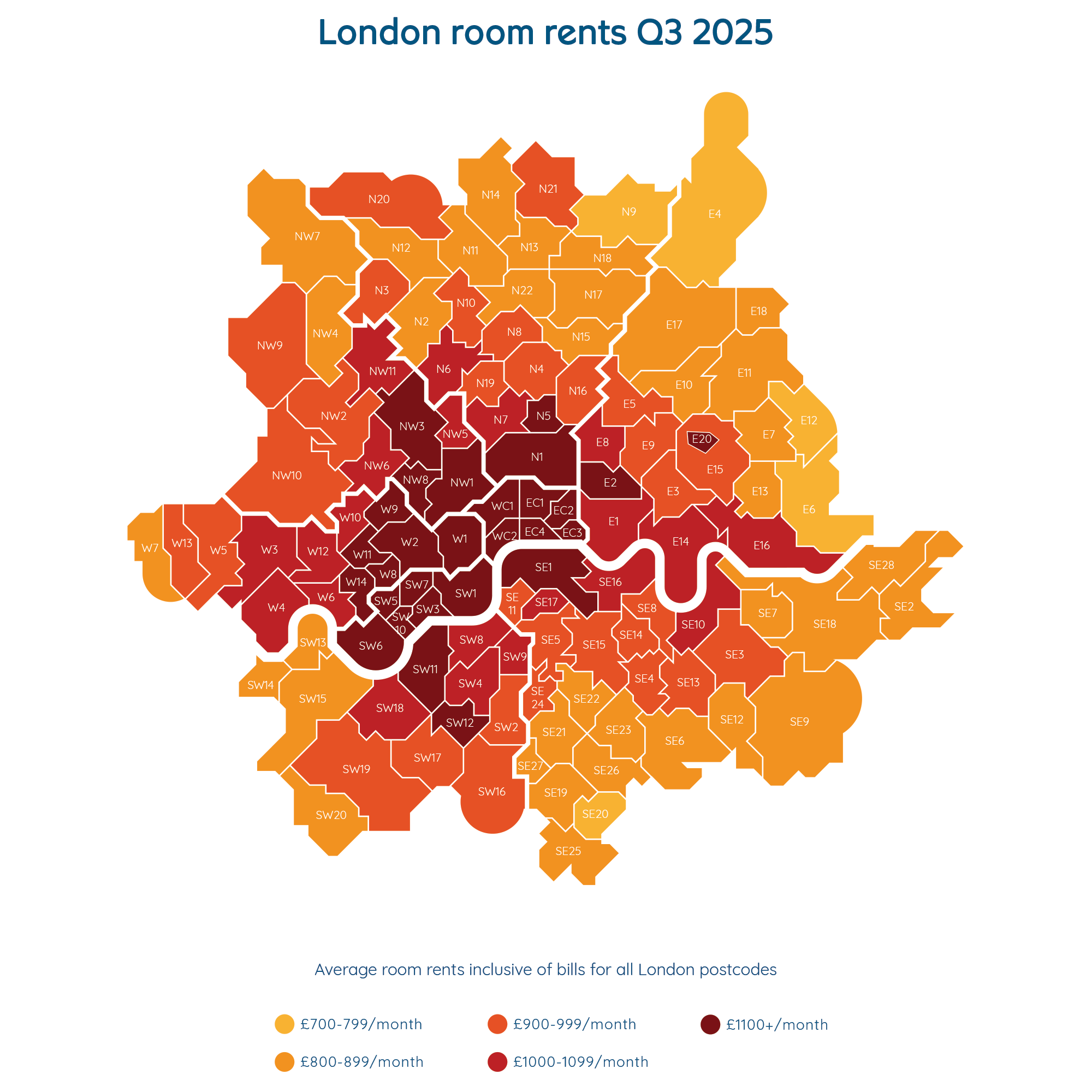a heat map showing the average rental prices in lodnon postcodes