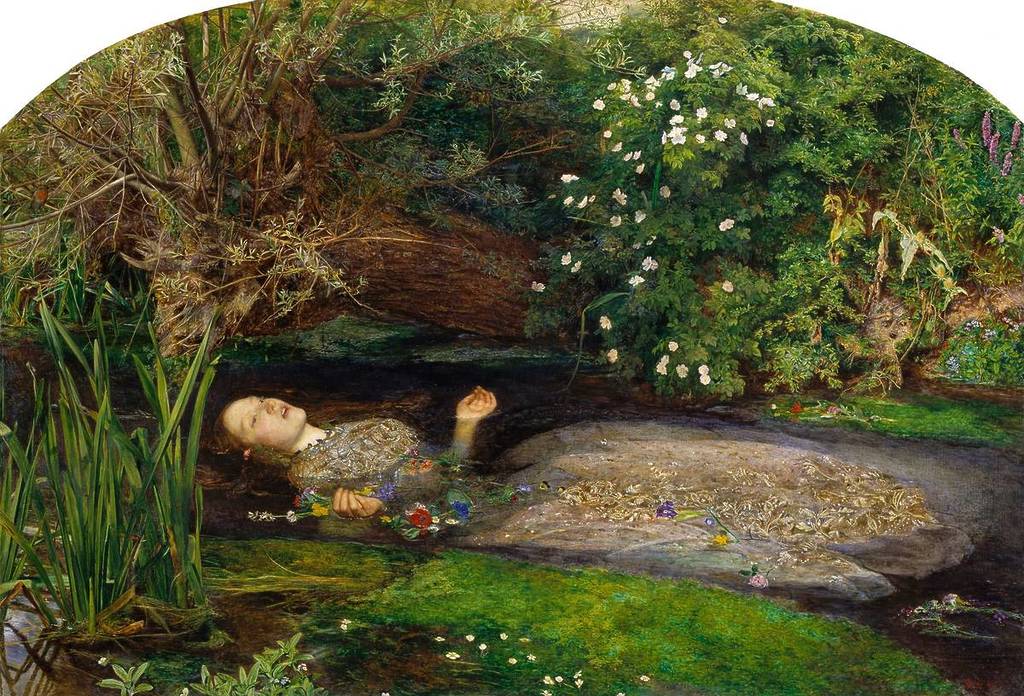 Ein Bild des Gemäldes Ophelia von John Everett Millais, das ein Mädchen zeigt, das in einem Fluss ertrinkt, umgeben von Blumen