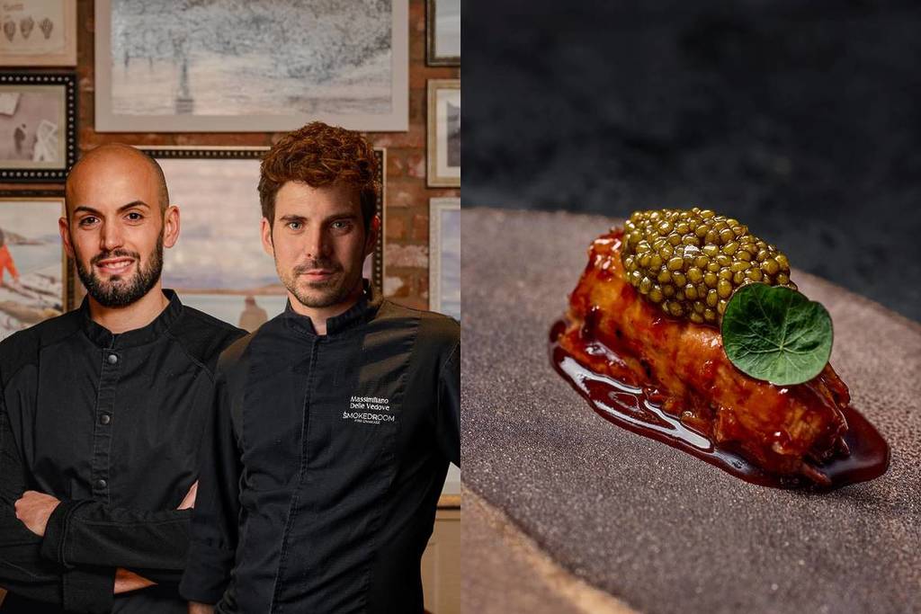 un'immagine in split screen che mostra due chef in camice nero e un piatto di carne coronato di caviale