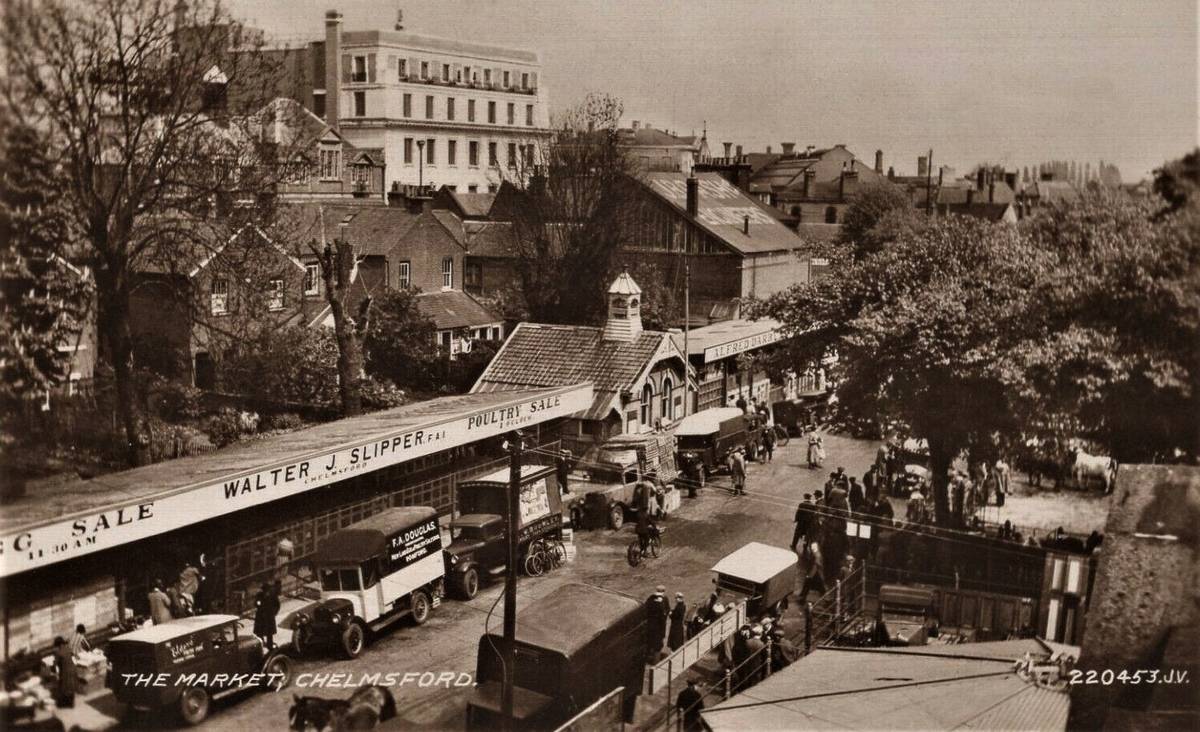 A historic sepia shot of the medieval Chelmsford market