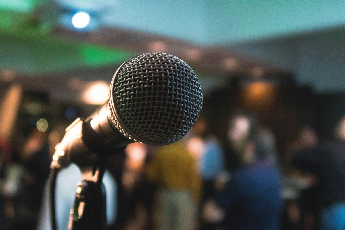 A close up of a microphone at an open mic night