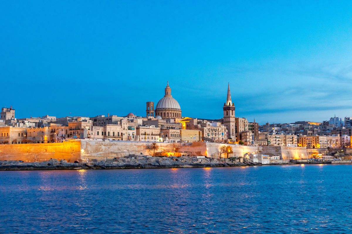 The Valletta skyline from across the water at dusk