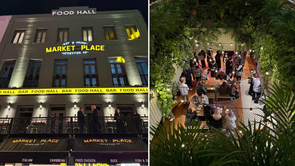 Un'immagine affiancata della facciata e dell'interno della nuova food hall di Londra