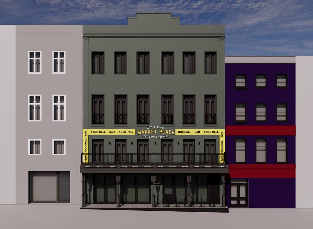 Un'immagine mock up della facciata del nuovo Market Place in arrivo a Leicester Square