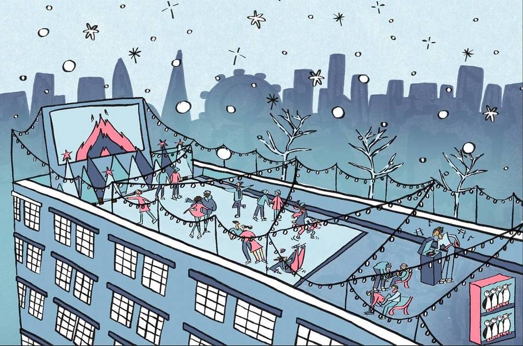 een illustratie van de bussey rooftop bar ijsbaan met schaatsende mensen en uitzicht op de skyline van Londen