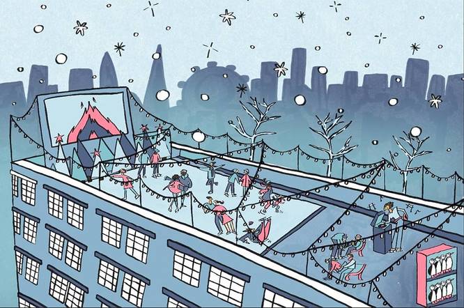 an illustration of the bussey rooftop bar ice rink showing people skating with views of the london skyline