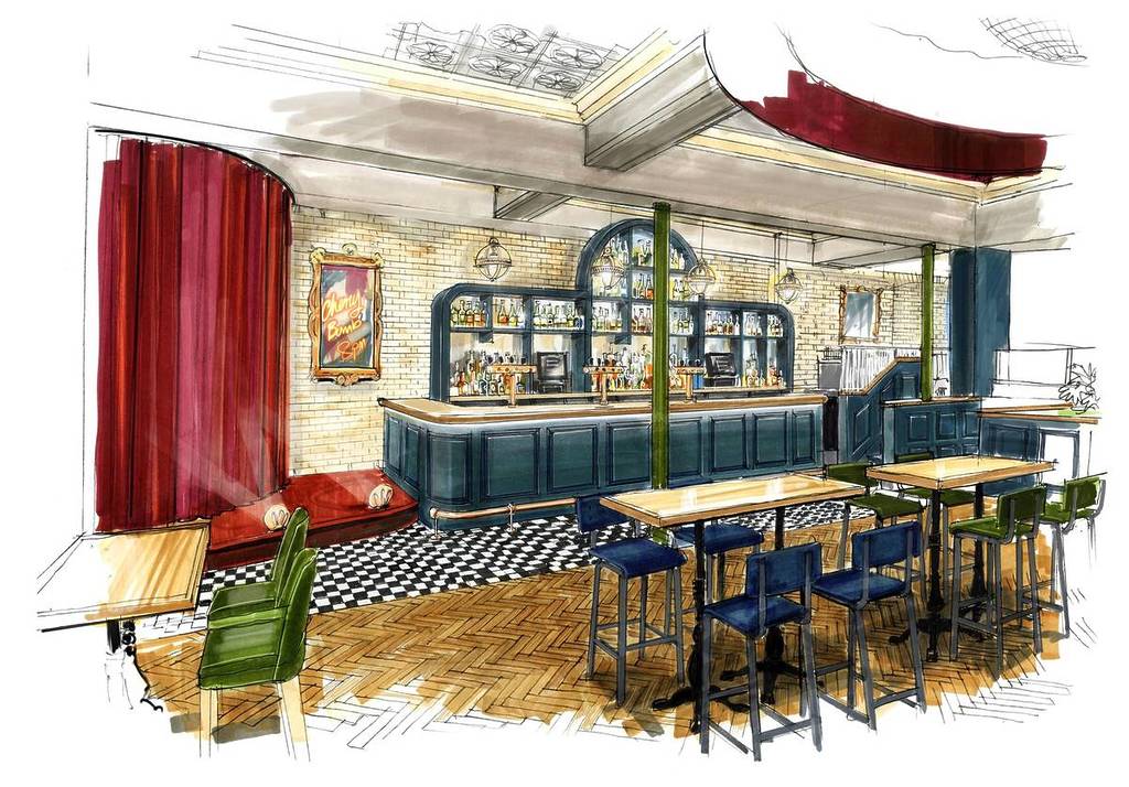 una interpretación artística del espacio del bar principal del pub thieves con una amplia zona de barra