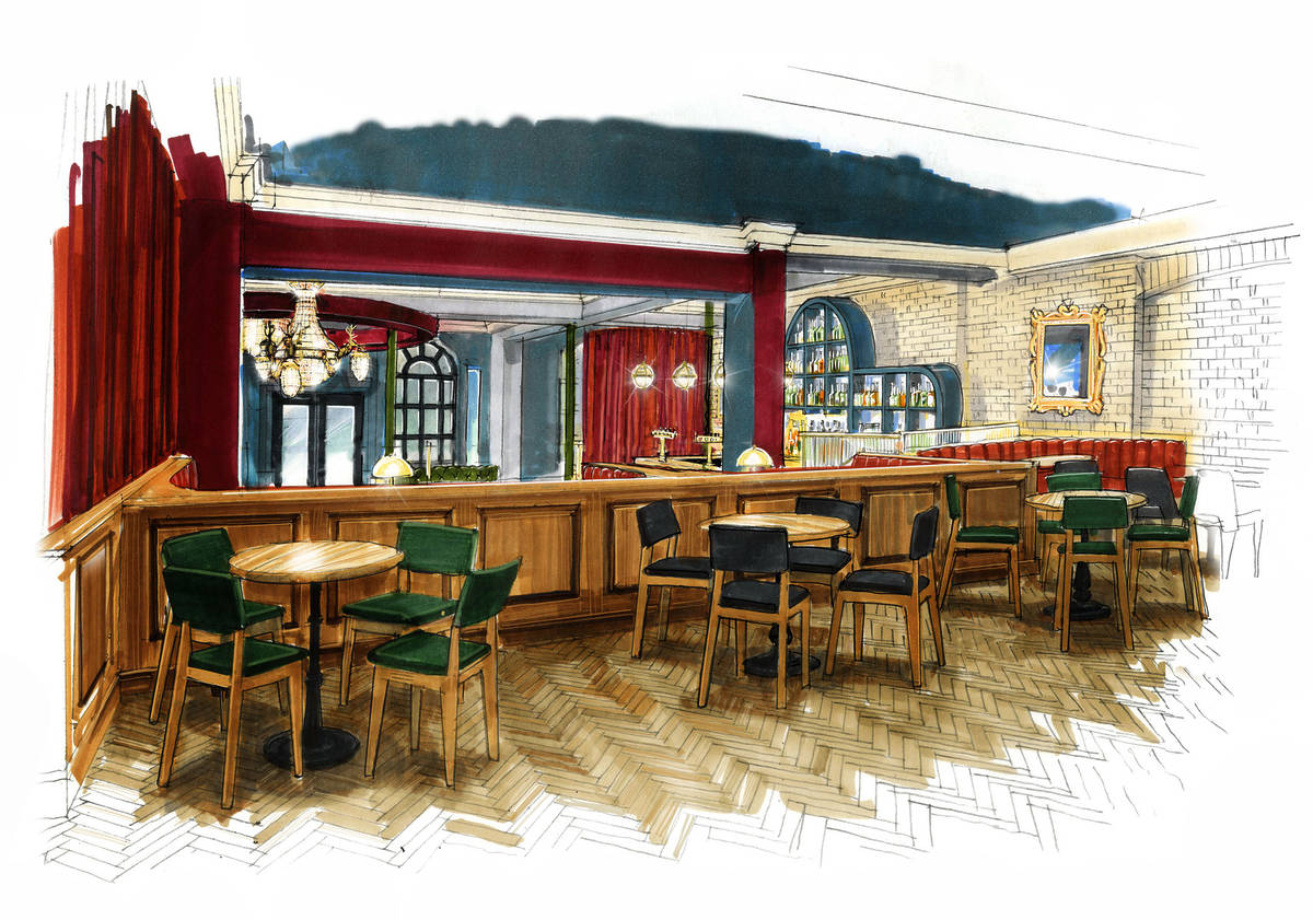 an artists rendition of a bar space in the thieves pub