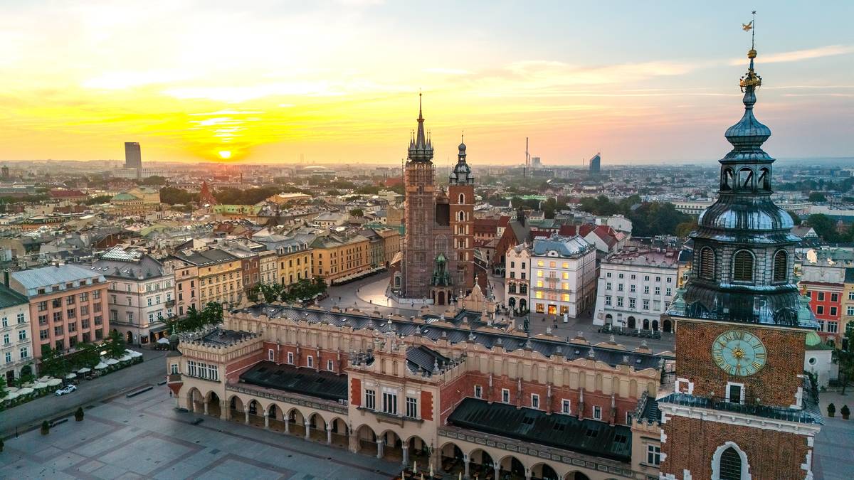 An aerial view across Krakow at sunset