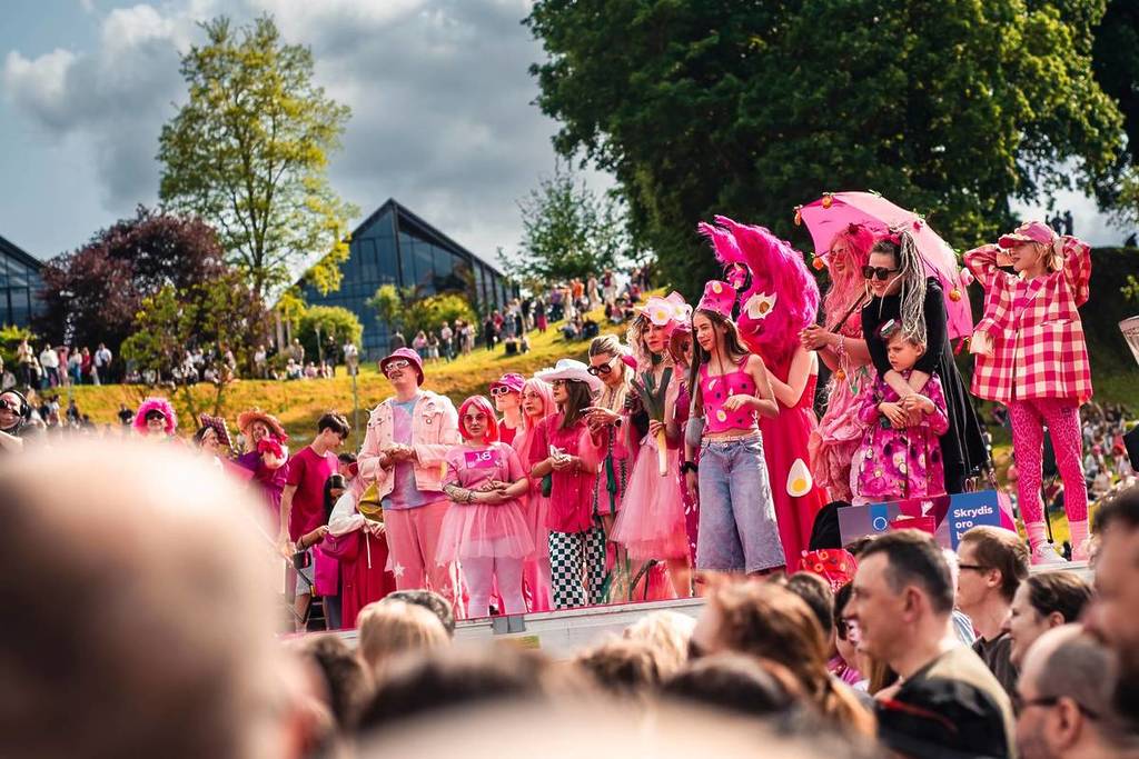 People dressed in different pink costumes on a stage as a crowd looks on