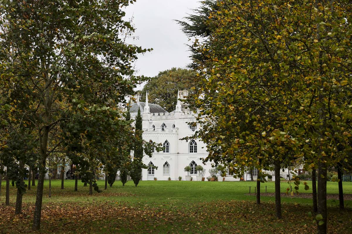 a white gothic castle as glimpsed from a distance through some trees