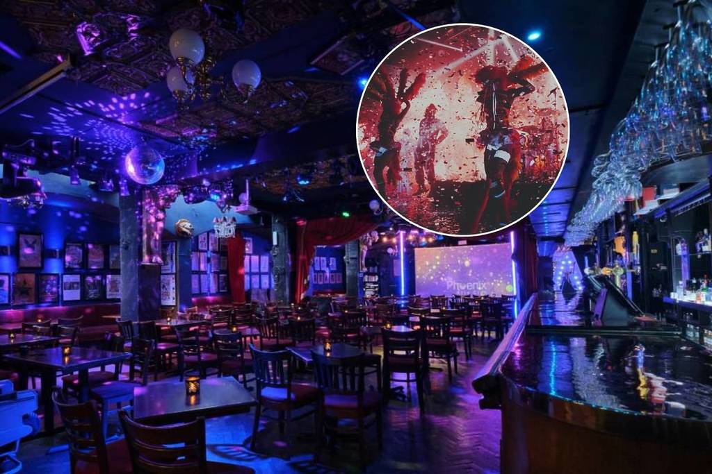 Eine Collage des Phoenix Arts Club in London und ein Bild von einer Kabarett-Show