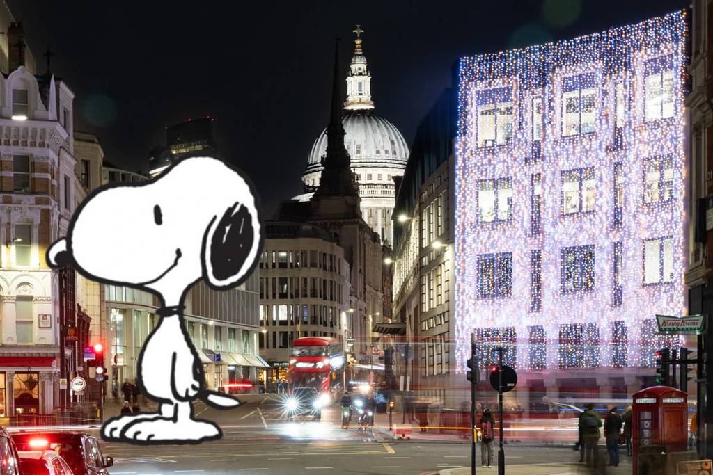Une image de Snoopy en regard d'une image du quartier de Fleet Street la nuit