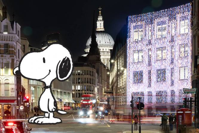 An image of Snoopy set against an image of the Flet Street Quarter at night