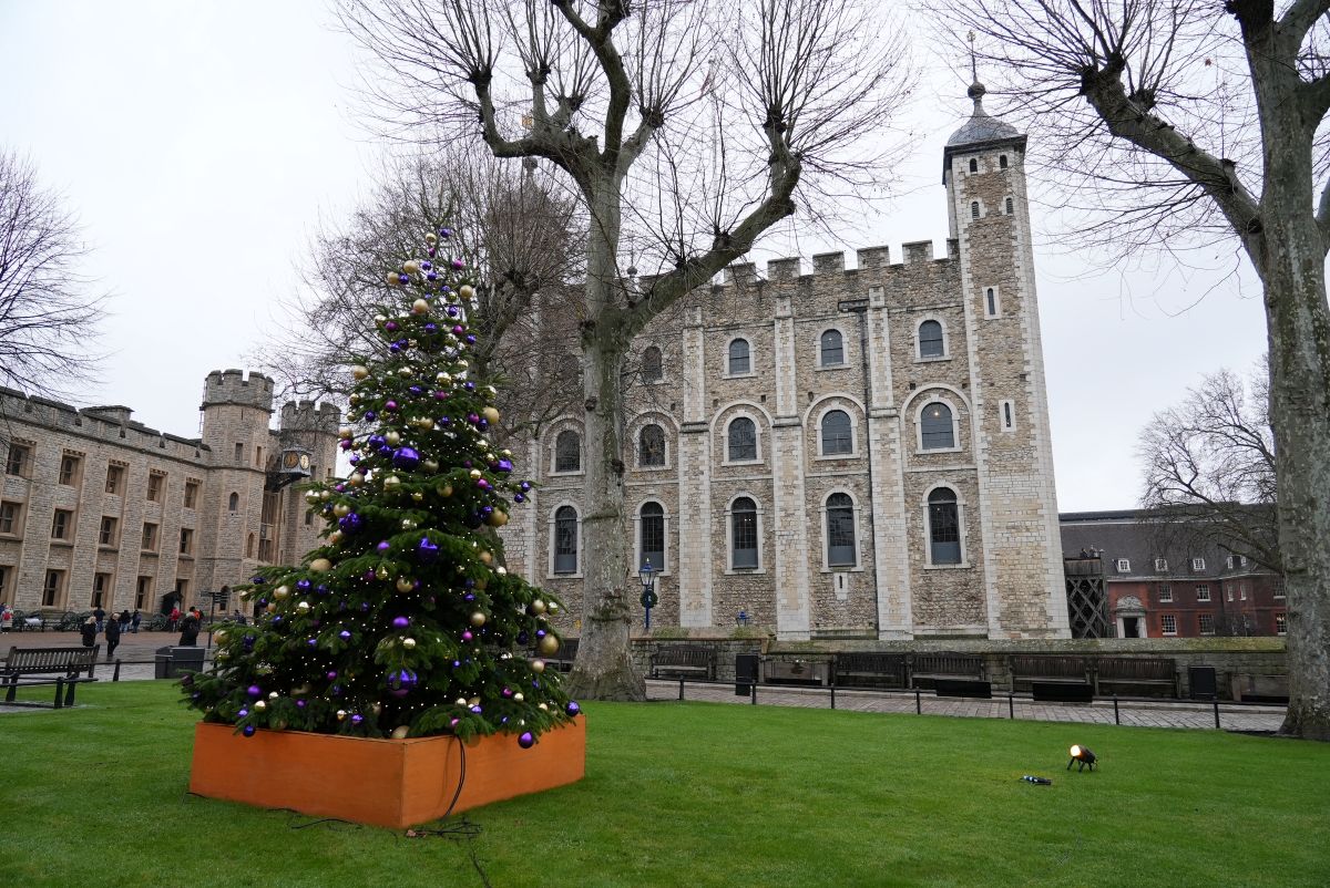 The Tower of London with a Christmas tree in its gardens