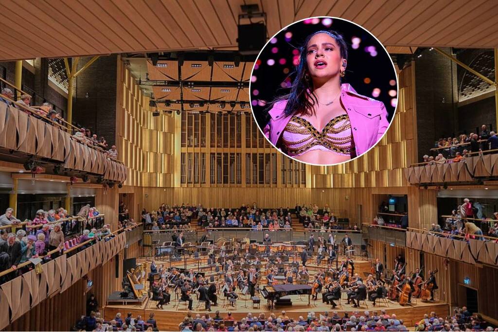 Un collage de fotos de Rosalía en un concierto en directo y de la Orquesta Sinfónica de Londres actuando en un concierto de música clásica