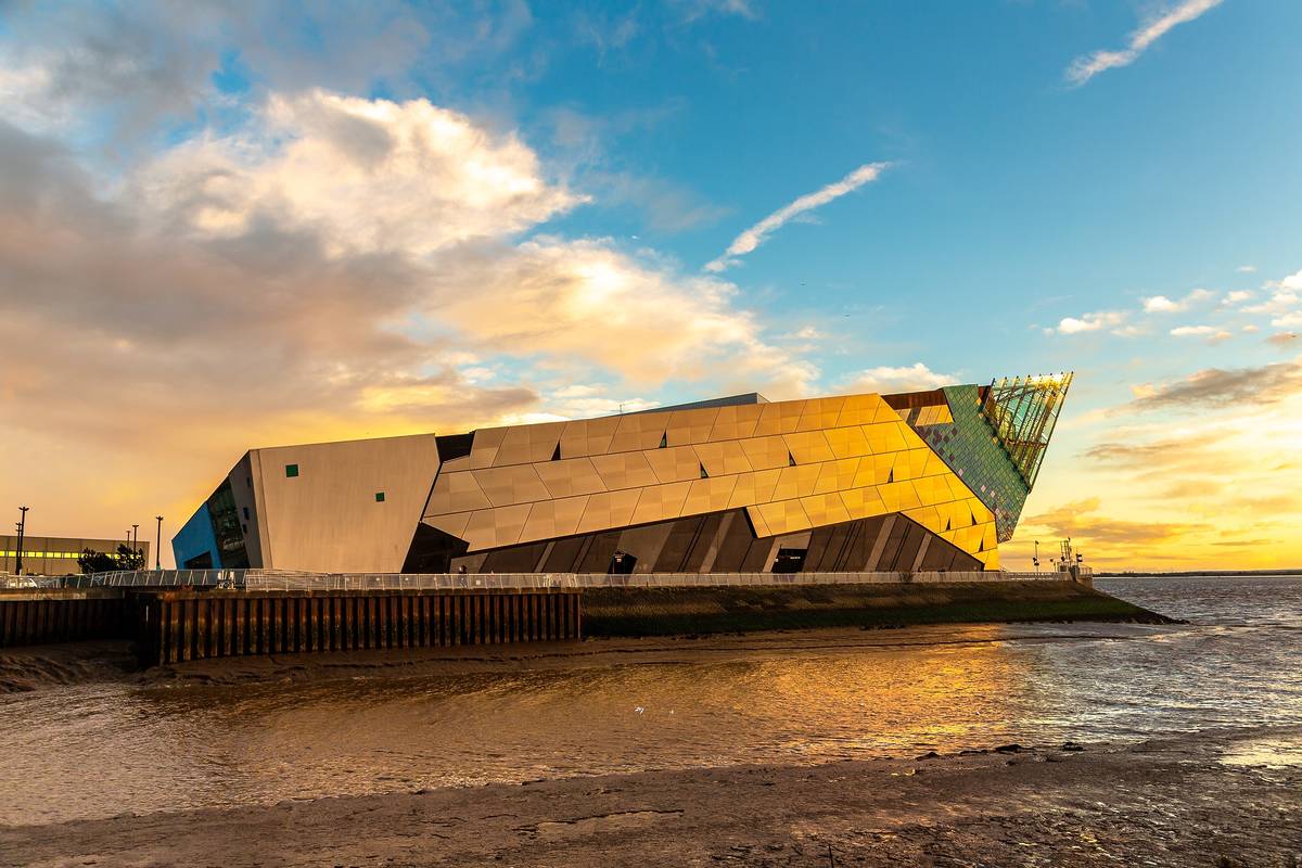 KINGSTON UPON HULL, UK - JUNE 2, 2022: The Deep Aquarium Oceanarium at sunset in Hull, Kingston upon Hull, Yorkshire, UK