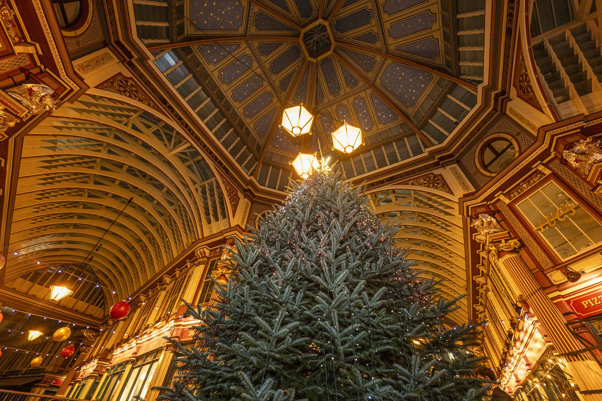 a large christmas tree in leadenhall market as seen from below looking up at the starry ceiling
