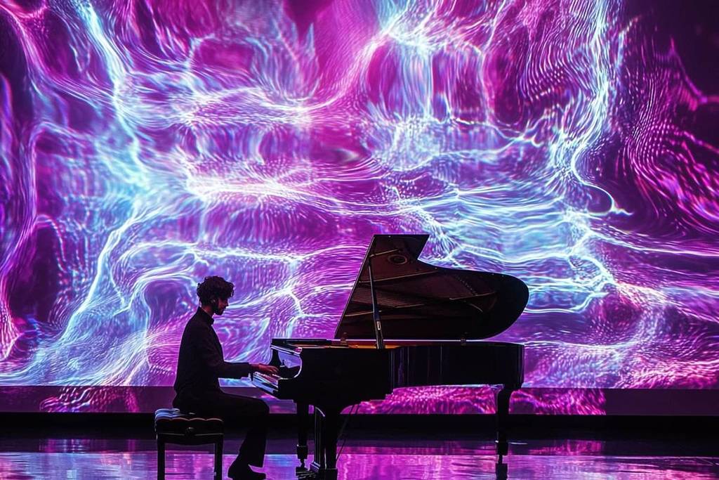 Ein Pianist spielt auf der Bühne am Klavier mit lila und blauen Projektionen hinter ihm bei The Visual Concert