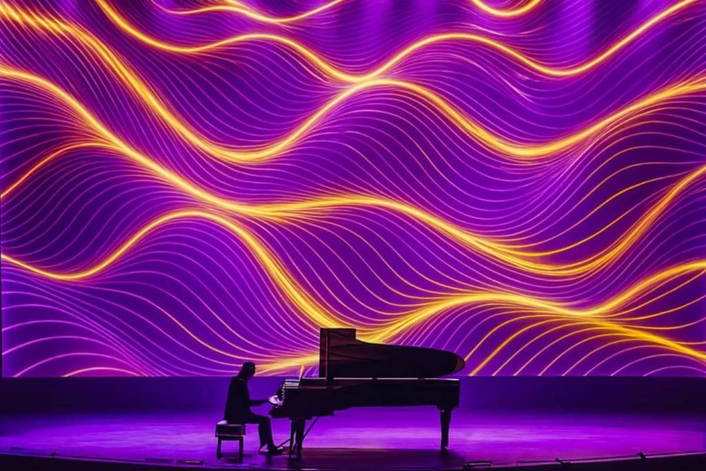 A purple screen with yellow lines behind a pianist performing on stage at The Visual Concert