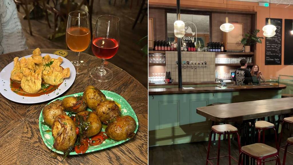 Alguns pratos pequenos e copos de vinho numa mesa de madeira (à esquerda) a zona do bar no Godet (à direita)