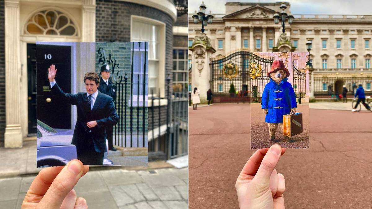 Hugh grant outide 10 Downing Street in Love Actually (lefT), Paddington outside Buckingham Palace (right)