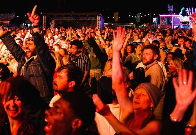 An excited crowd at an outdoor music festival