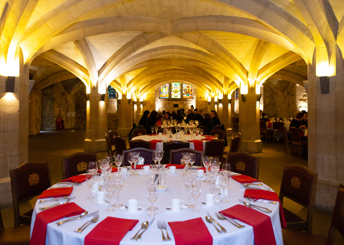 tables set for a special afternoon tea or lunch in the crypts of guildhall