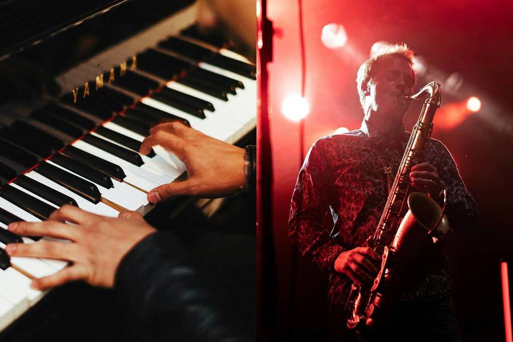 Un collage de photos d'un pianiste et d'un saxophoniste se produisant lors d'un concert de jazz.