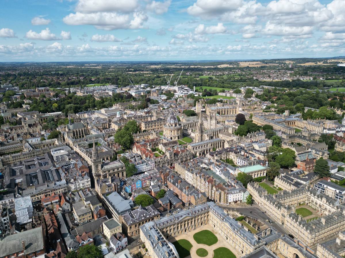 An aerial view of the bustling cityscape of Oxford, in England