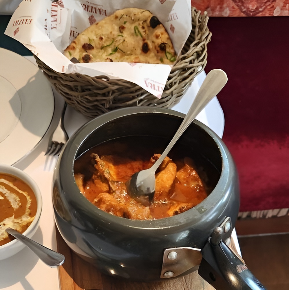 Curry with naan bread from Yaatra restaurant in London.
