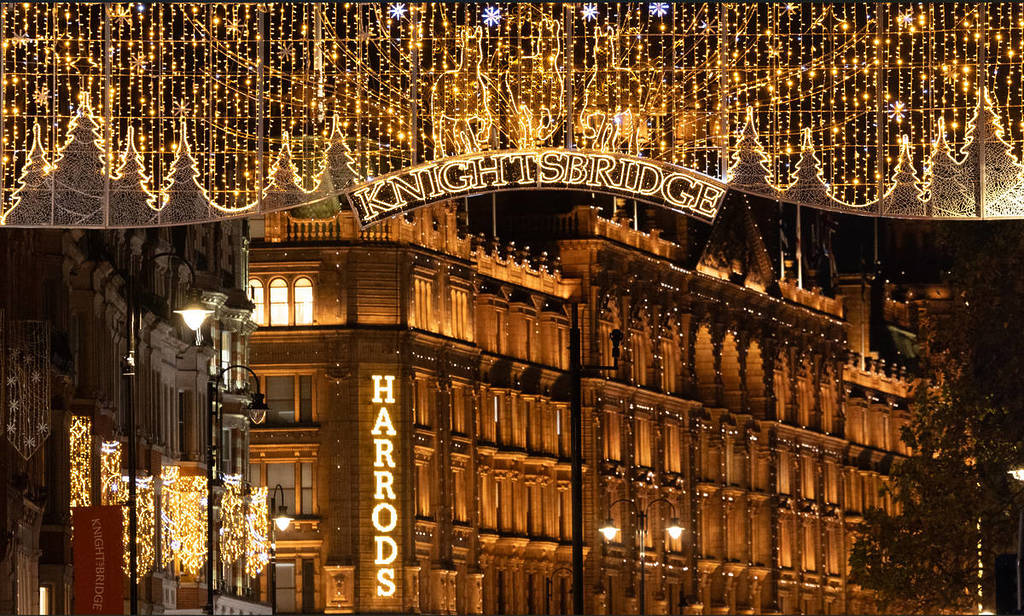 shimmering christmas lights in knightsbridge, with harrods visible in the background