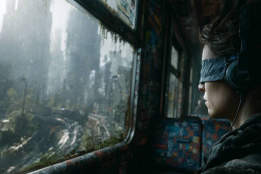 A woman blindfolded looking out of a train to a new world at Unseen Experience
