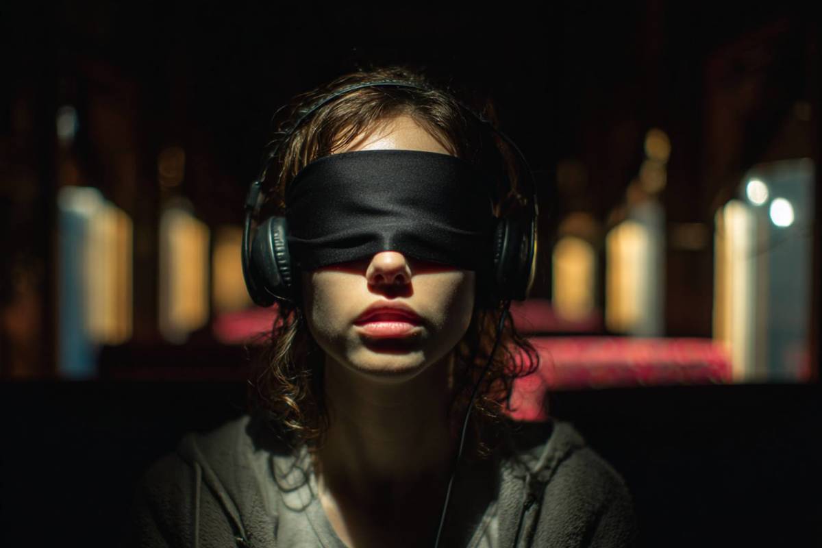 A woman wearing headphones while blindfolded on a train