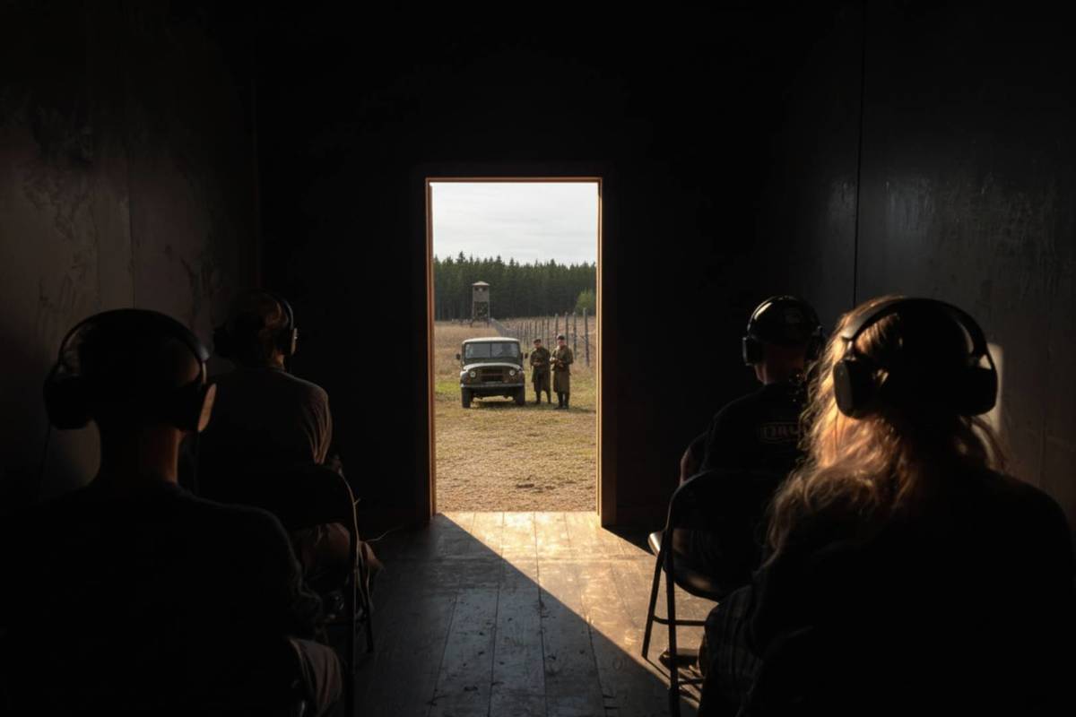 People sat in a container with headphones and an imagined war scene scenario outside