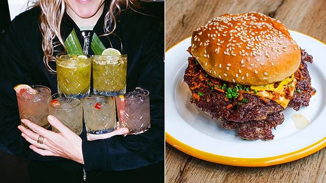 Cocktails and burger at the Bush Tavern