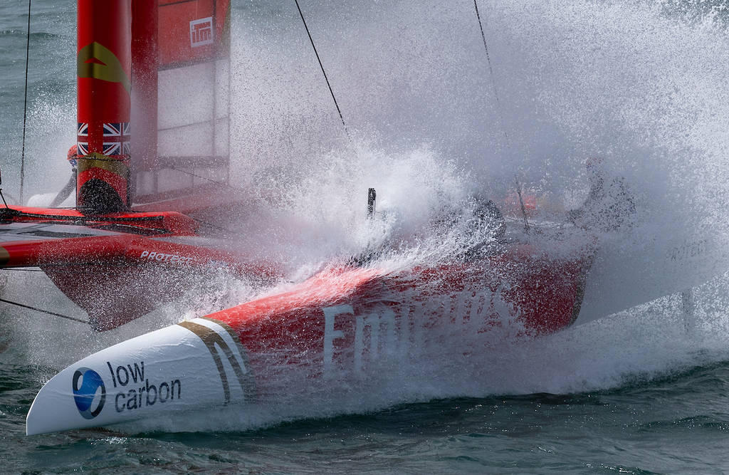 Emirates Great Britain SailGP Team helmed by Dylan Fletcher hit a wave during a practice session ahead of the Rolex SailGP 2025 Championship ITM New Zealand Sail Grand Prix in Auckland, New Zealand. Friday 17 January 2025.