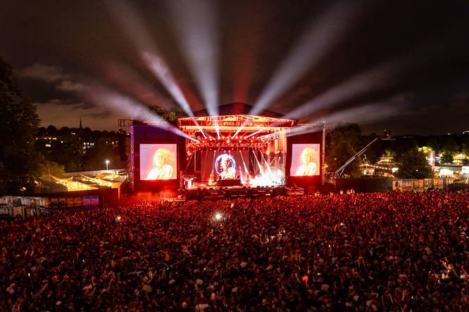 Field Day festival main stage at night with bright lighting in 2025