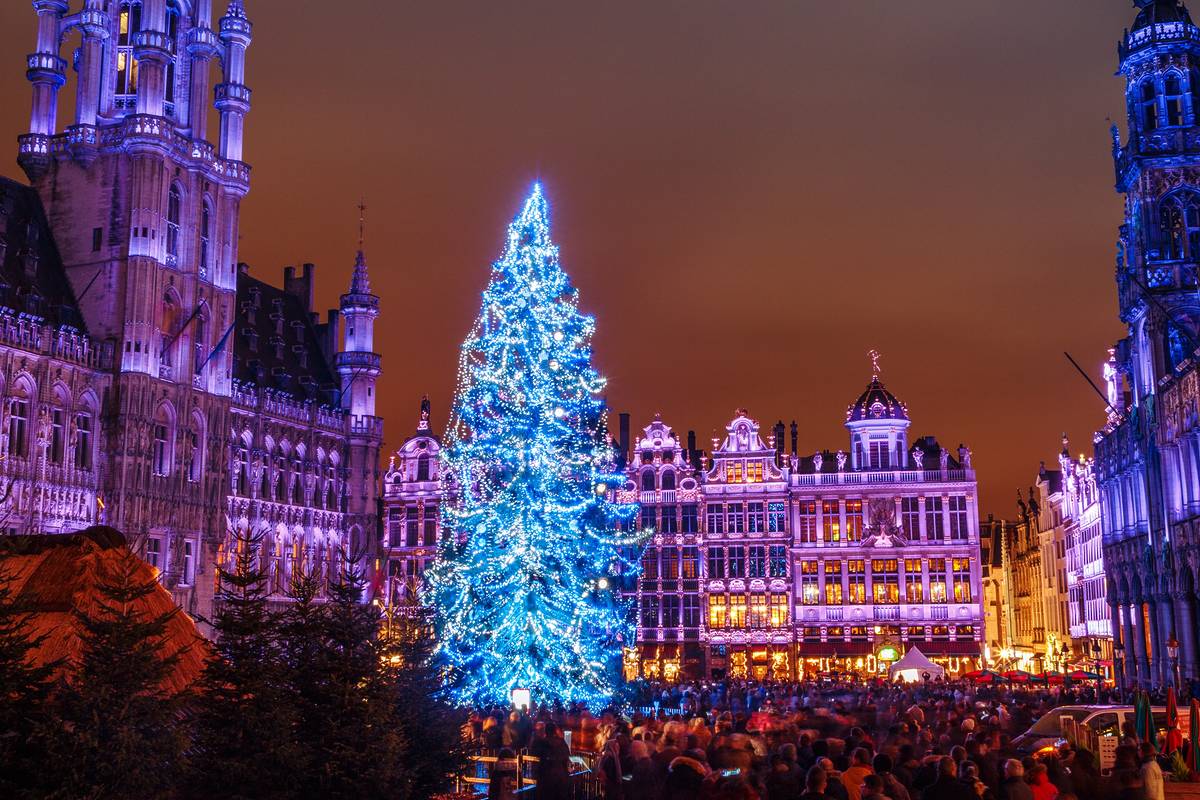 Grand Place in Brussels, belguim at night with christmas tree