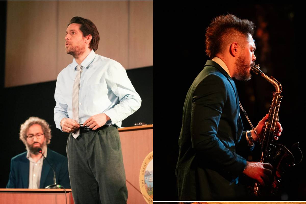 A lawyer presenting his case at The Jury Experience and a saxophonist performing on stage at The Jazz Room