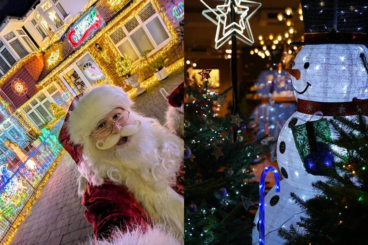 An image of Santa visiting Lower Morden Lane's Christmas lights and a big illuminated snowman and more twinkling lights