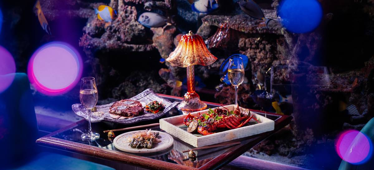 a neon blue lit table featuring luxurious japanese dishes, including a whole lobster