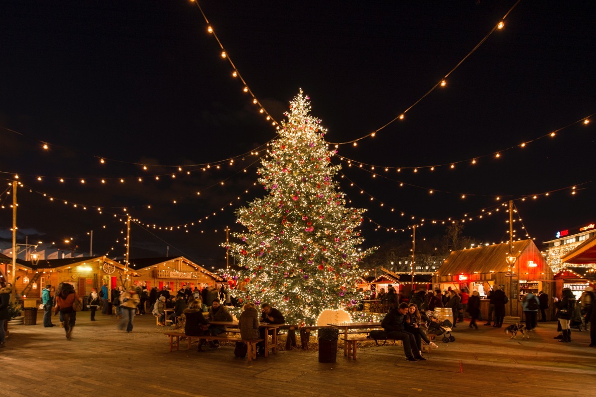 a christmas tree lit up sitting in the centre of la villette christmas market in paris