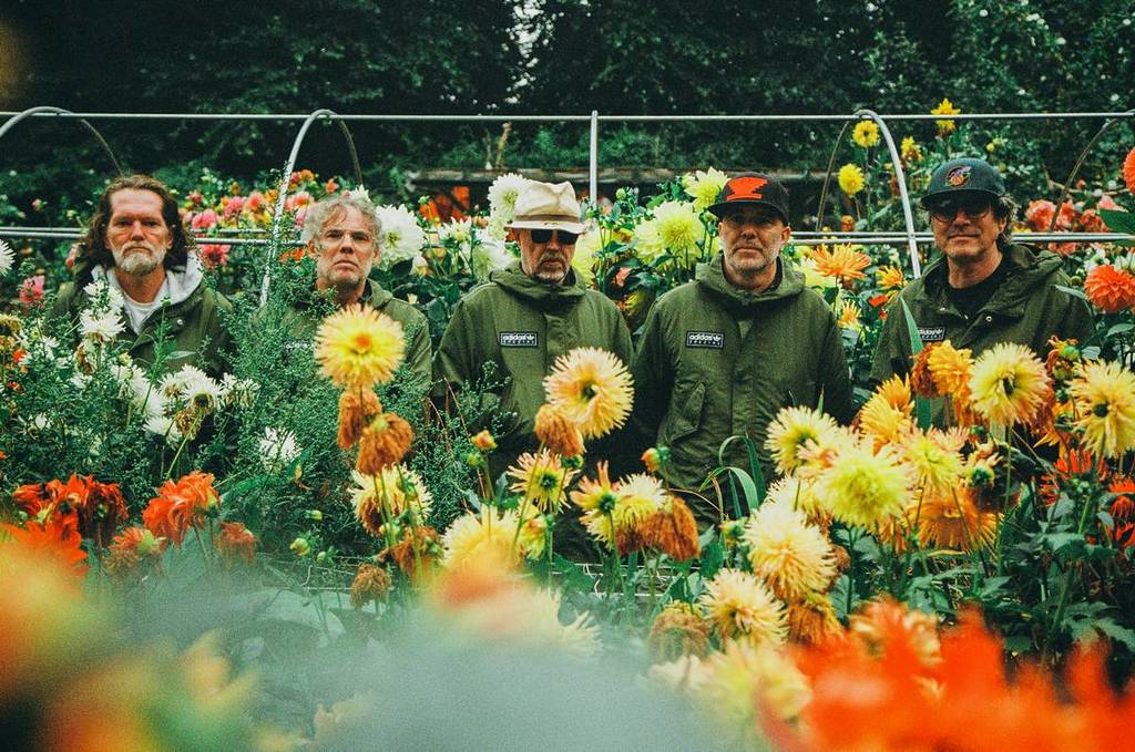 Foto de imprensa dos Super Furry Animals em Cardiff com o grupo entre flores