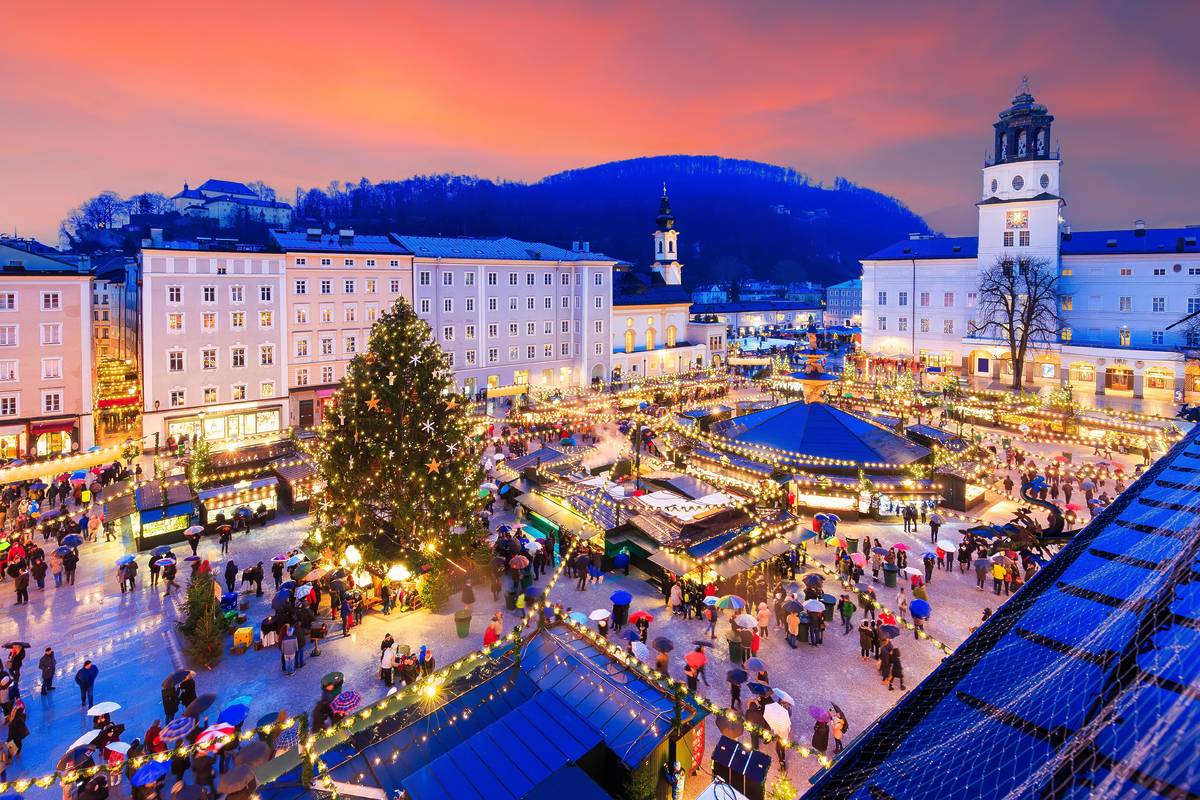 An aerial view of the Christmas market held in Salzburg old town