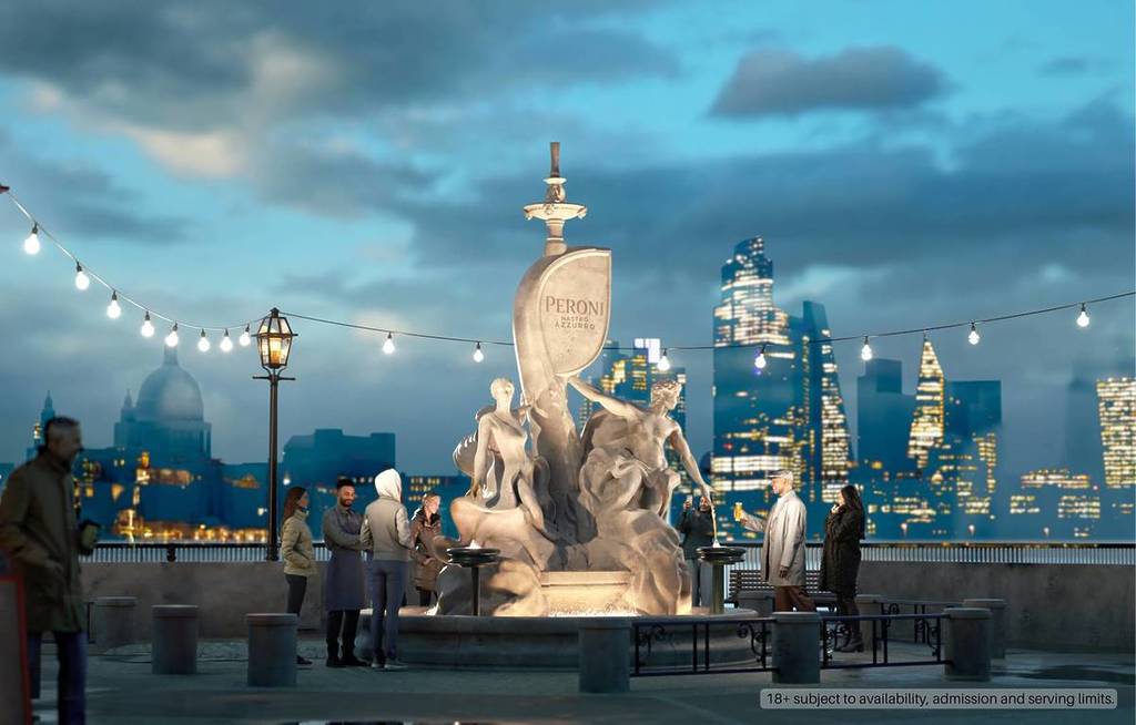 a render of a Peroni branded fountain which looks like carved marble on London's South Bank disclaimer messaging on the image says 18+ while stocks last