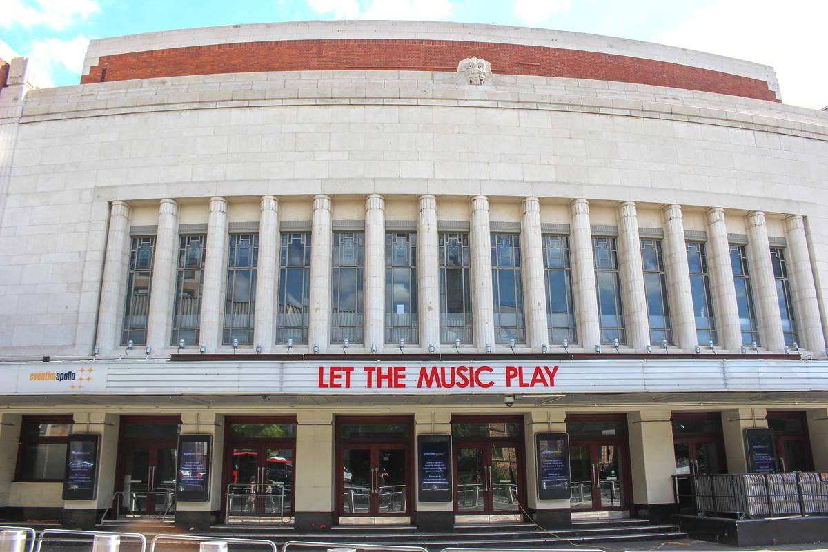 Eventim Apollo in Hammersmith displaying 'Let The Music Play'