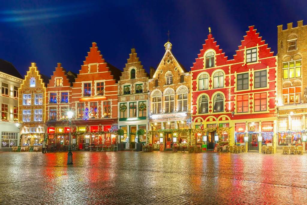 Christmas Decorated and illuminated Old Markt square in the center of Bruges, Belgium