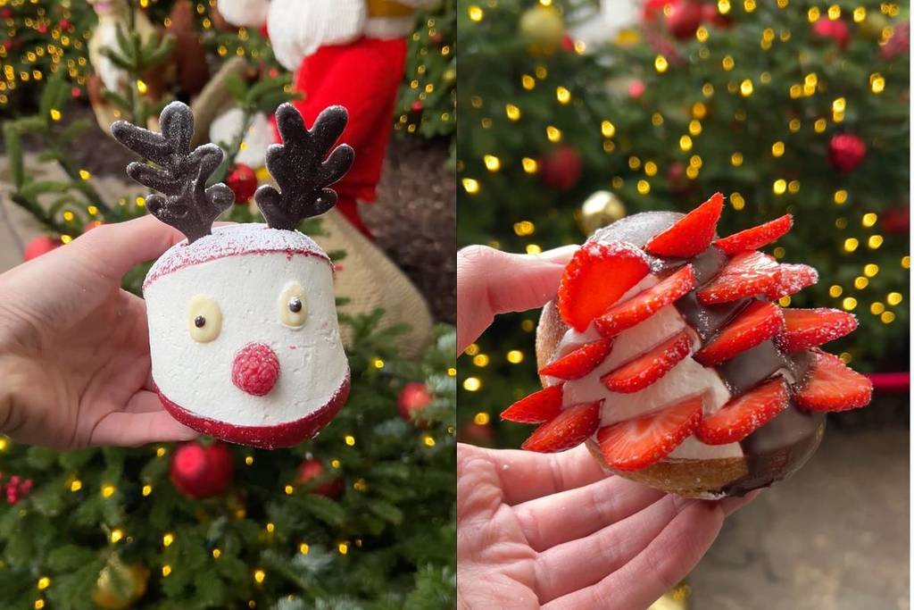 Two images: one of the reindeer shaped dessert complete with antlers and raspberry nose and the other the traditional style, a bun filled with cream and strawberries.