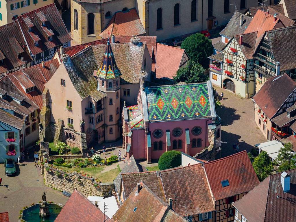 Eguisheim, France - June 24th 2025 - Aerial view of the French Village of Eguisheim in Alsace France during summer